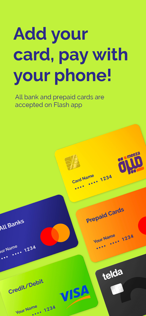 Grafica promozionale per l'app Flash che mostra più carte di pagamento e il testo Aggiungi la tua carta, paga con il tuo telefono