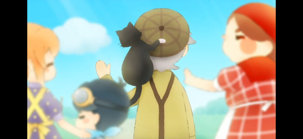 Stray Cat Doors 3: Chapter 2 - Un grupo de personajes lindos en un entorno soleado al aire libre con un gato negro sentado en el hombro de un niño de Stray Cat Doors 3 Chapter 2