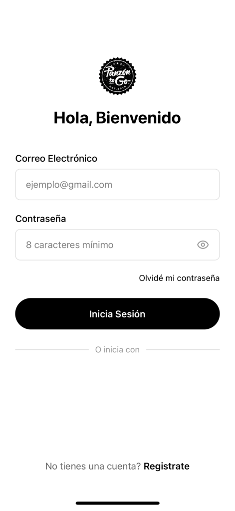 Panzon To Go - Pantalla de inicio de sesión de la aplicación Panzon To Go con campos para correo electrónico y contraseña