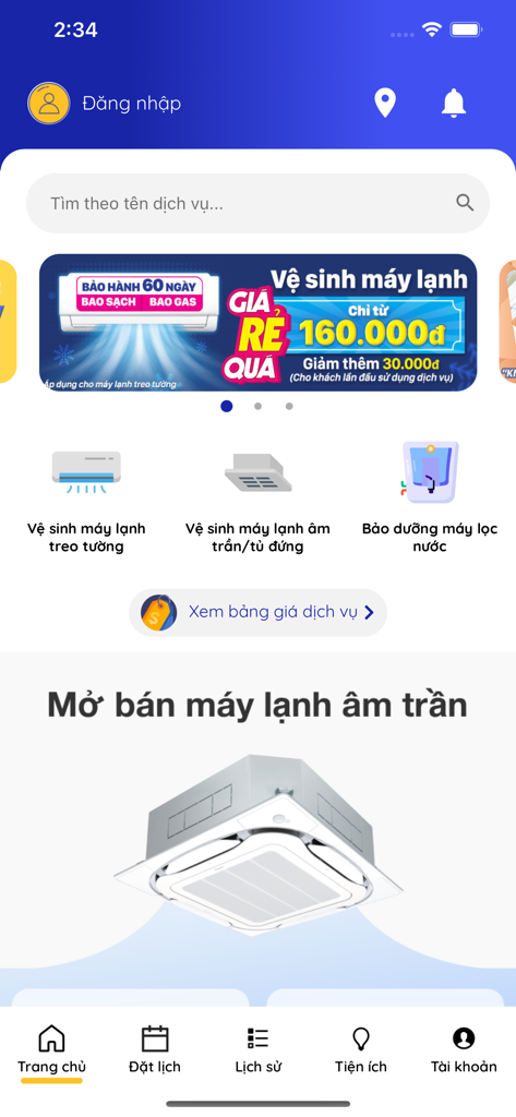 The home screen of the Tho Tan Tam mobile app showing home services for air conditioning and water purifier maintenance.