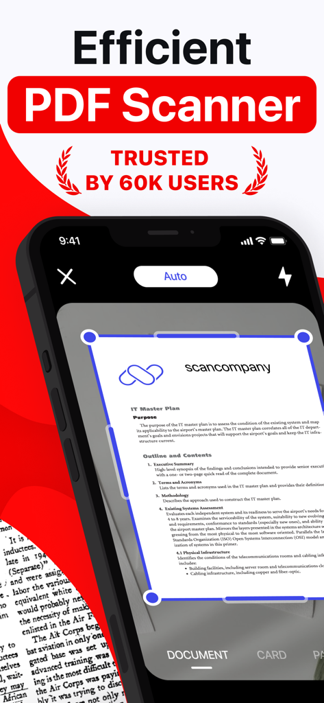 PDF Scanner aрp - iPhone screen showing the Scanner App Pro auto-detecting and scanning a paper document into a PDF