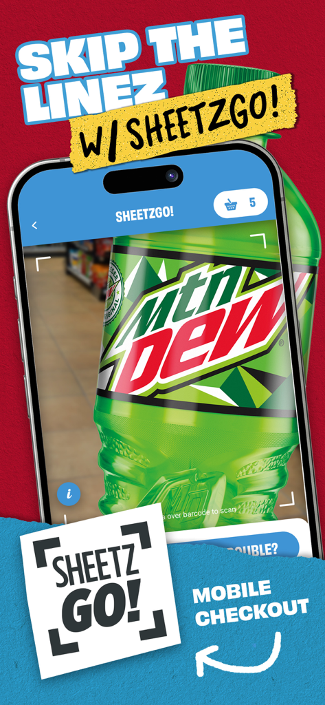 A mobile phone screen showing the SheetzGO feature scanning a Mountain Dew bottle for mobile checkout