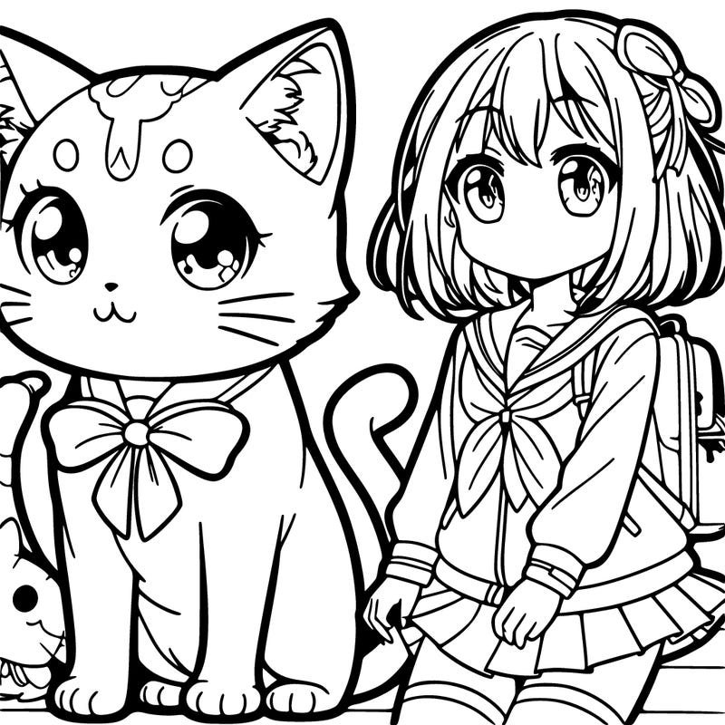 a anime cat with a anime girl standing next to the cat