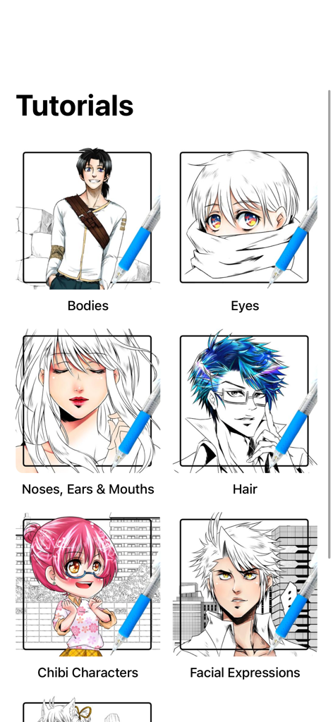 How to Draw Anime Easy - Menü mit Anime-Zeichenanleitungen für Augen, Haare und Charakterkörper