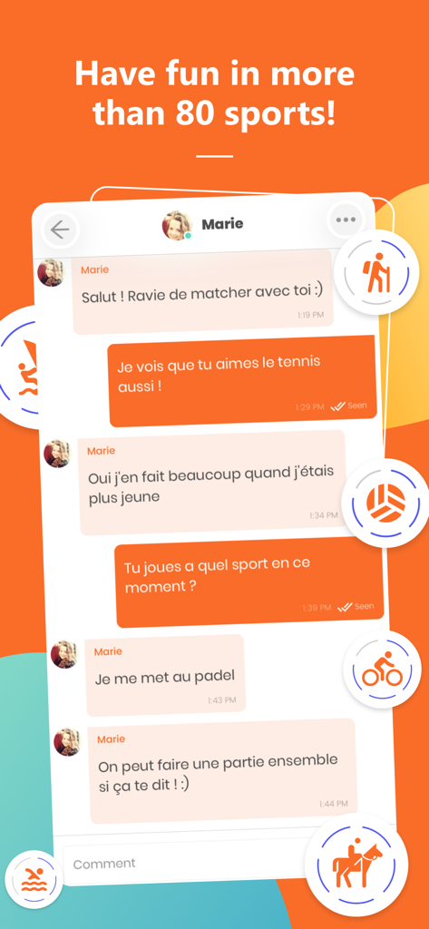 In app chat interface of Smatch showing two users discussing sports like tennis and padel with surrounding sport icons