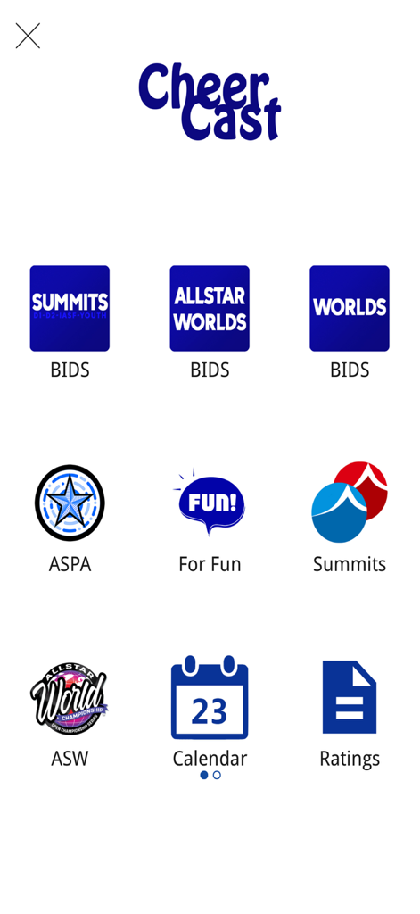 CheerCast - CheerCast app home screen displaying menu icons for Summits and Worlds bids, event calendar, and rankings.