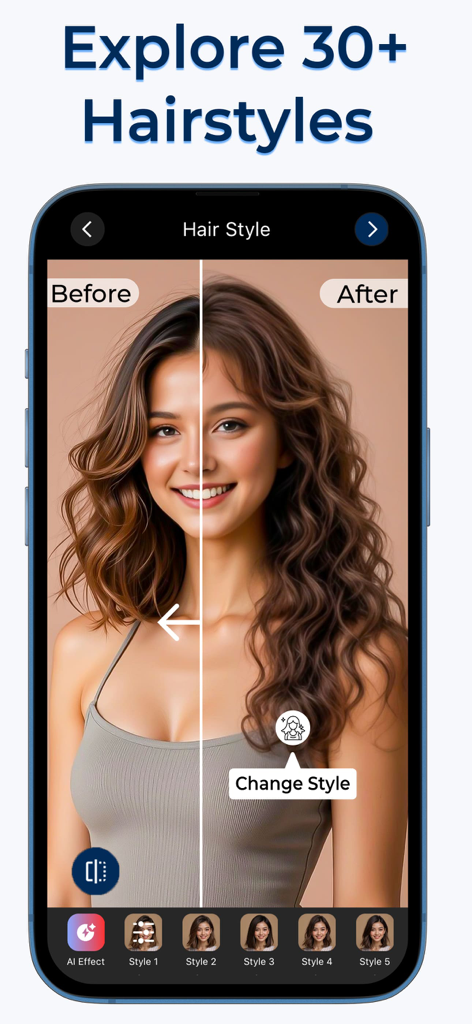 Hair Color Changer-Makeup Tool - Before and after comparison of different hairstyles using an AI makeover tool