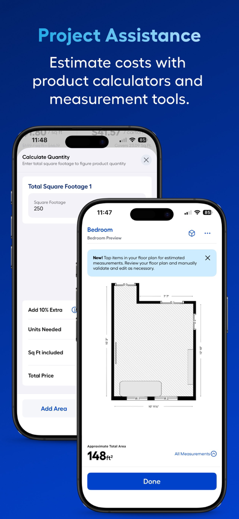 Lowe's Home Improvement - Funzione di assistenza progetti dell'app Lowe's che mostra calcolatori di materiali e misurazioni della planimetria