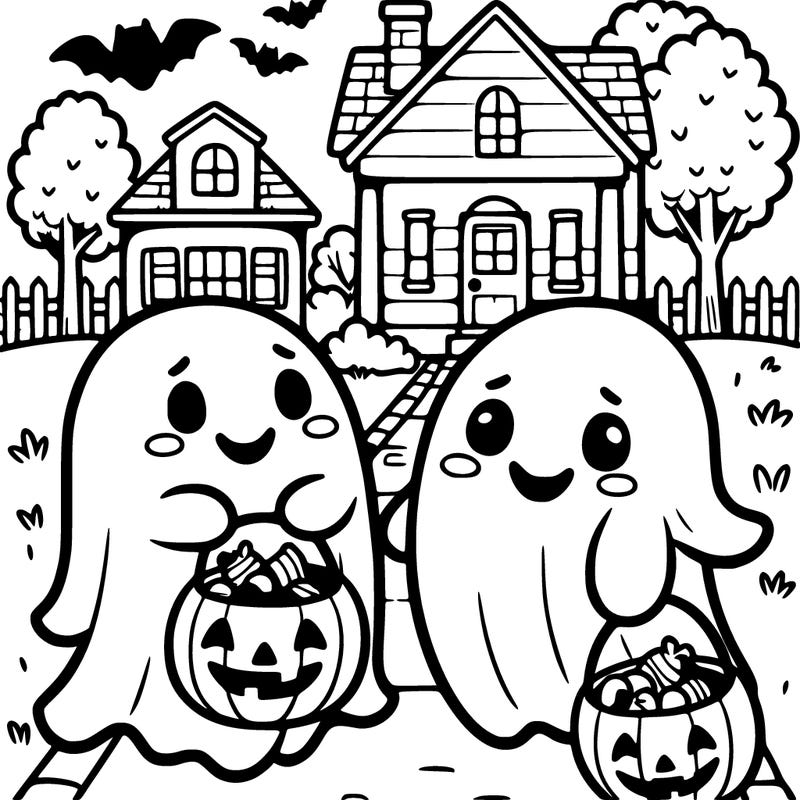 cute ghosts holding a candy filled pumpkins bucket trick or treating in a cute suburban neighborhood
