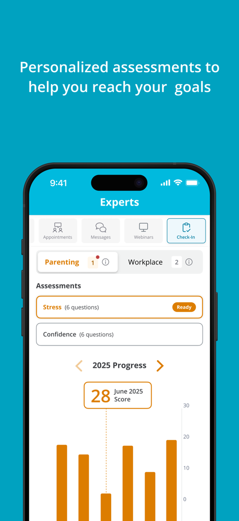 RethinkCare - RethinkCare app interface displaying personalized assessments and a progress tracking graph for caregivers