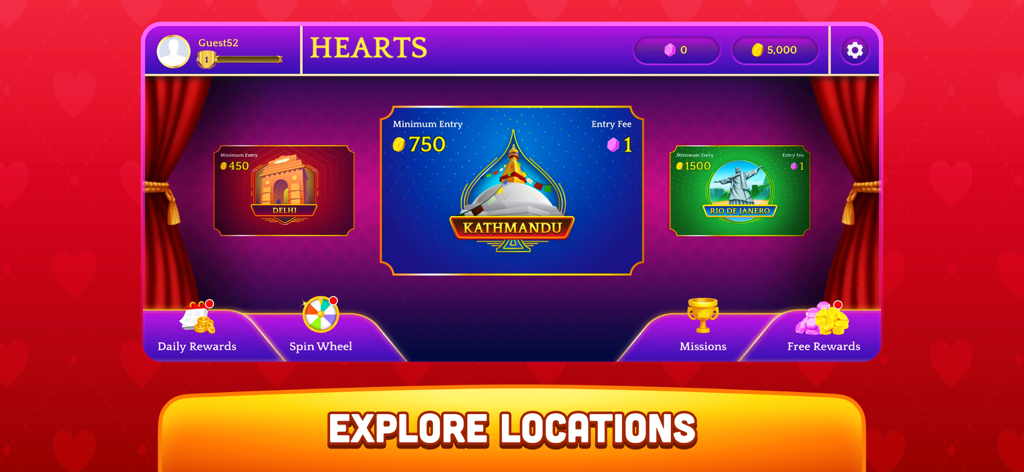 Hearts - Offline Card Game - Hearts offline card game menu showing various travel destinations for matches