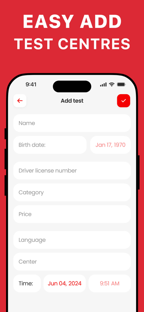 Driving Test NOW - Interfaz de la aplicación Driving Test NOW que muestra un formulario para añadir manualmente los detalles del examen de conducir, como el número de licencia y el centro de examen.
