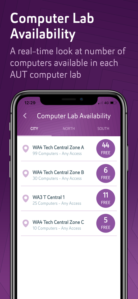 AUT - Interface of the AUT mobile app showing real-time computer lab availability for students