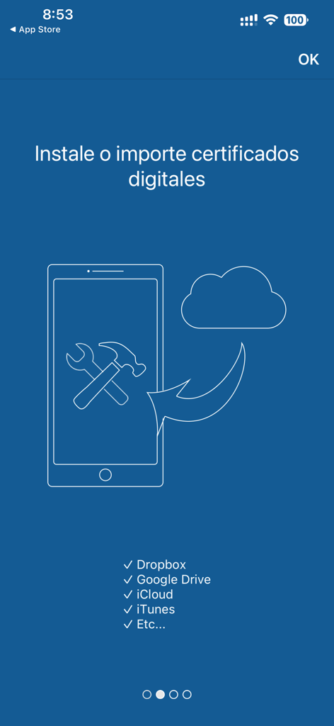 Pantalla de la aplicación Viafirma mostrando instrucciones para instalar o importar certificados digitales desde servicios de almacenamiento en la nube como Dropbox y Google Drive