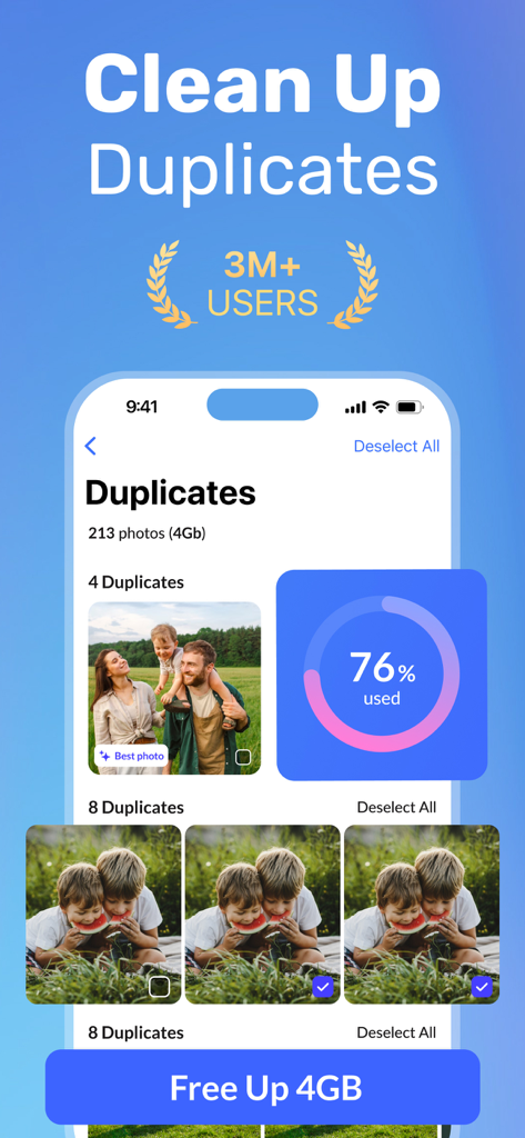 Cleanup App interface showing duplicate photo removal and storage usage percentage