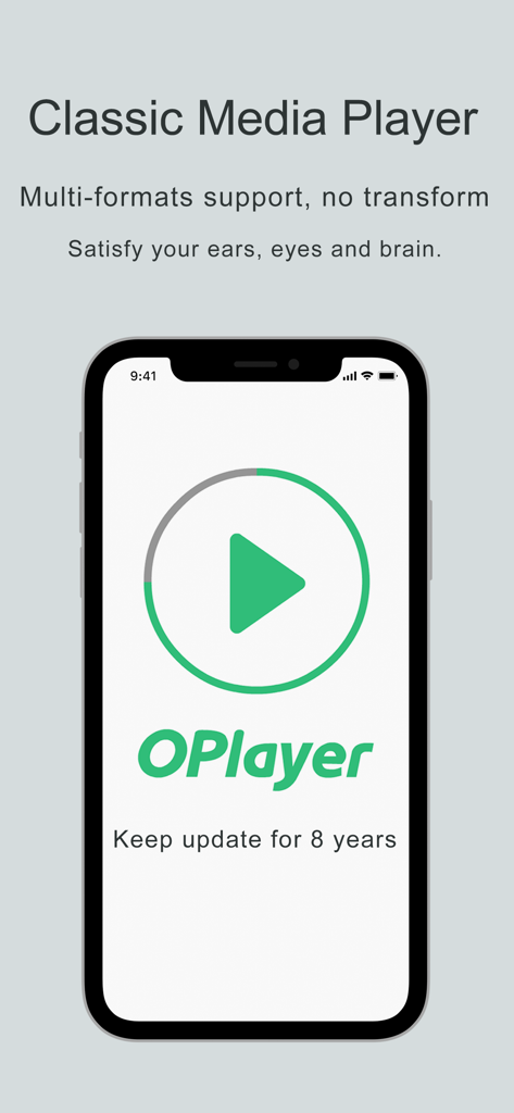 OPlayer app interface on iPhone highlighting multi-format video support and longevity