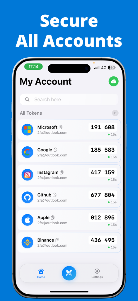Tela Minha Conta do aplicativo Authy Authenticator mostrando códigos de segurança 2FA para várias plataformas online