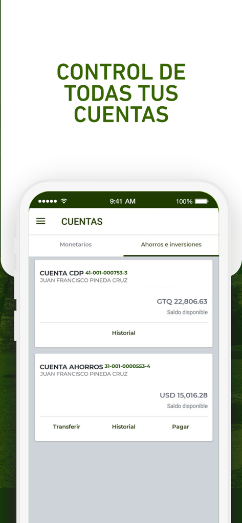 Banco INV APP - Banco INV 앱 대시보드, GTQ 및 USD 잔액을 표시하는 저축 및 투자 계좌를 보여줍니다.