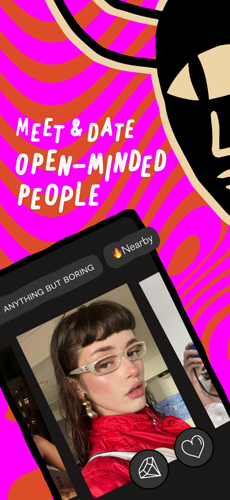 Interfaccia dell'app di incontri PURE che mostra un profilo utente con il testo Incontra e Frequenta persone con mentalità aperta su uno sfondo rosa vibrante.