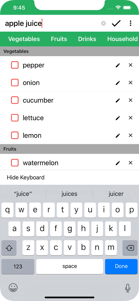 Interfaz de una aplicación móvil de lista de la compra que muestra artículos organizados por categorías y una barra de búsqueda para agregar nuevos productos.