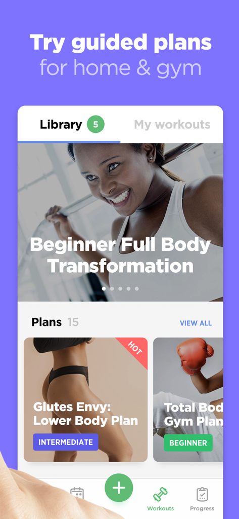 Pantalla de la biblioteca de la aplicación Workout Builder que muestra planes de fitness guiados como Transformación Corporal Completa para Principiantes y Envidia de Glúteos para mujeres
