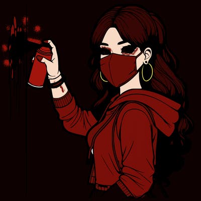 realistic girl with mask spray painting a wall