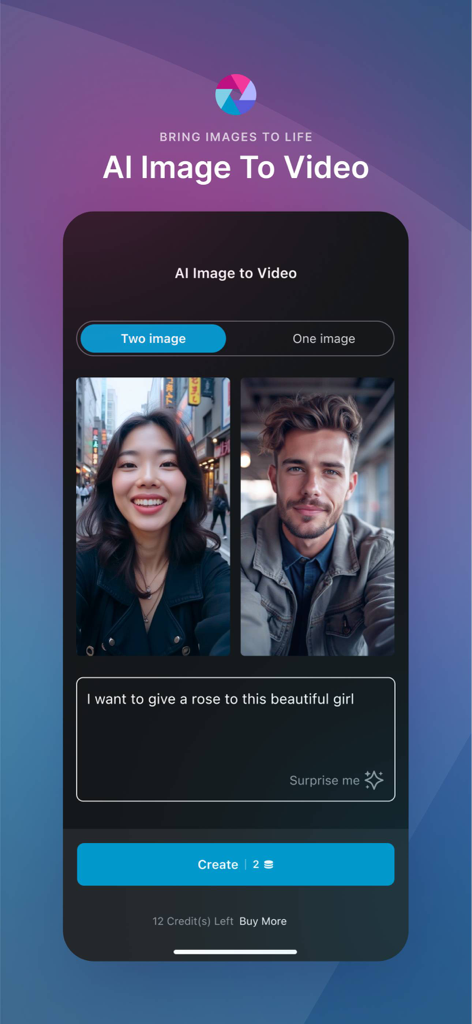 Pixlr AI Photo & Video Editor - Interface of the Pixlr app showing the AI Image to Video feature with two photos and a text prompt box