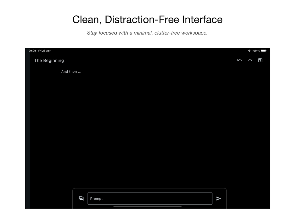 neverlabs AI Writer - Interfaz limpia en modo oscuro y sin distracciones de la aplicación neverlabs AI Writer que muestra un espacio de trabajo mínimo.