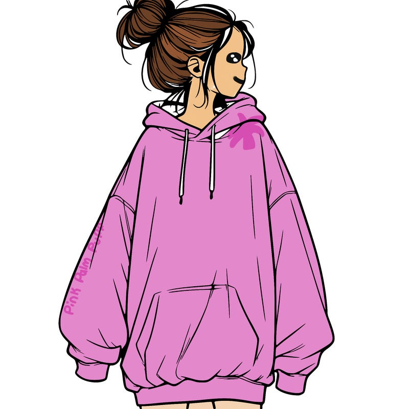 realistic girl with a oversized sweatshirt on and a bun