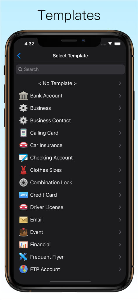 Password Manager Data Vault - DataVault Password Manager template selection screen with categories for bank accounts and credit cards