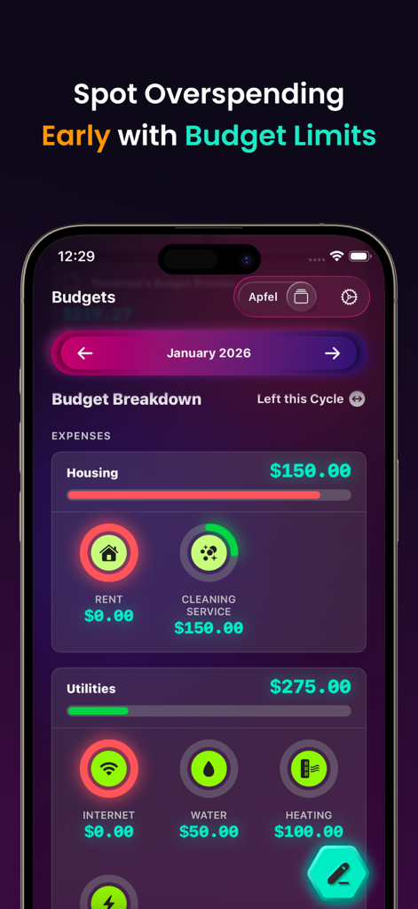 Kora Daily Expense Tracker - Kora 앱 인터페이스가 주택 및 유틸리티 범주에 대한 지출 한도와 함께 예산 분석을 표시하고 있습니다.