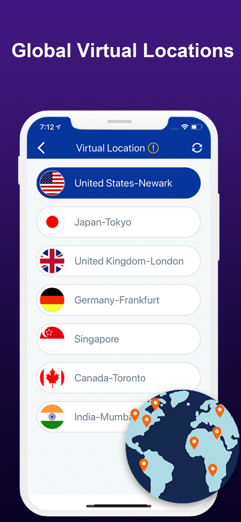 Interface of NetGuard app showing global VPN server locations including US, Japan, and UK