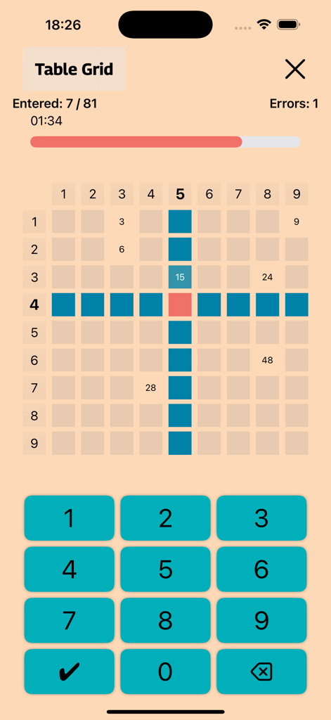 Tafels trainer - A multiplication table grid game interface with a 9x9 grid and a number pad for learning math