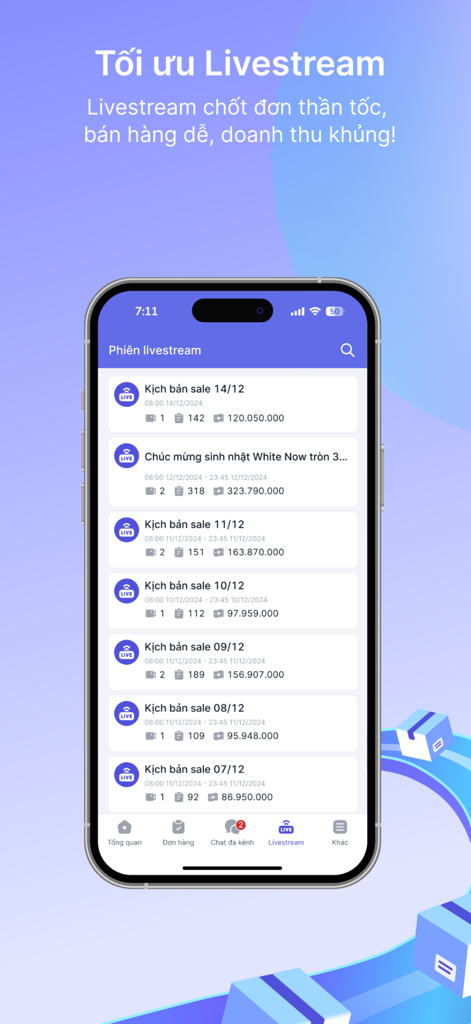 Interfaz de la aplicación móvil MISA eShop para la gestión de ventas en vivo y el seguimiento de pedidos