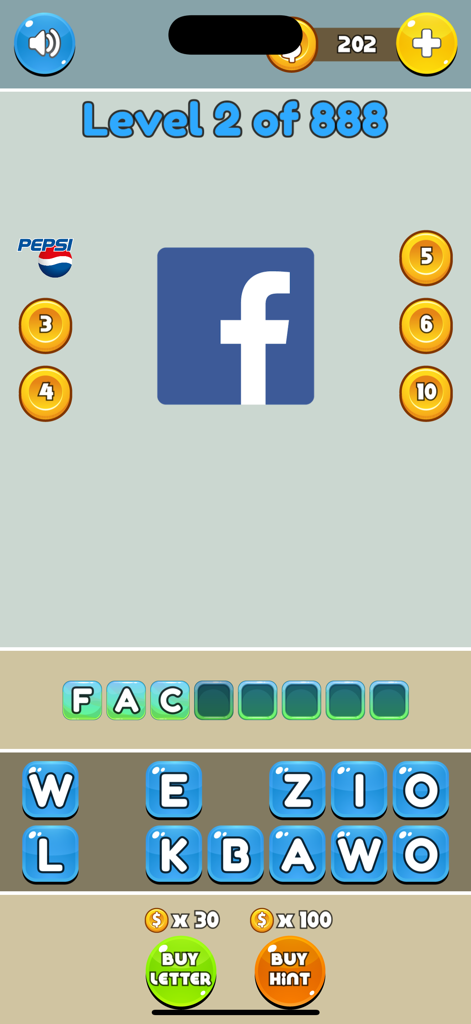 Gameplay-Screenshot von Logo Quiz 2025, der ein Facebook-Logo-Rätsel auf Level zwei zeigt