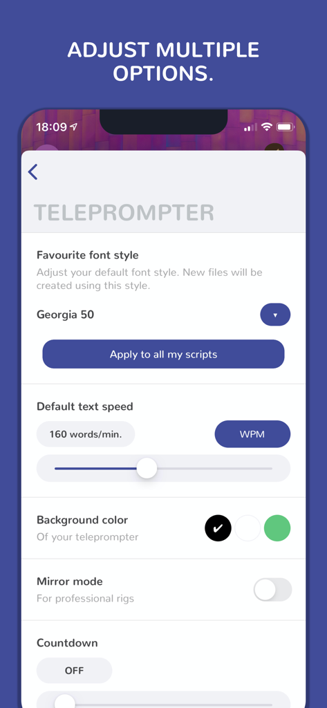 Teleprompter Easy Prof Hornet - Teleprompter app settings menu for adjusting font style scroll speed and mirror mode