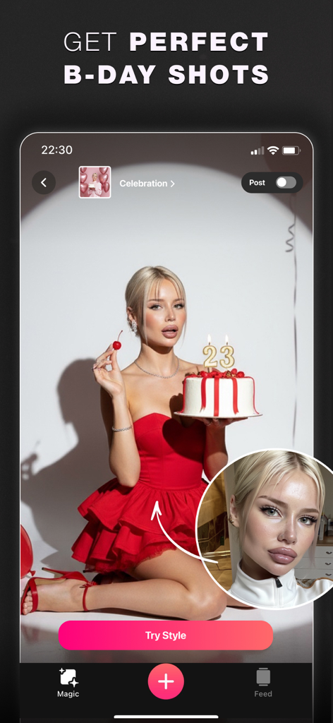 Glam AI: Video & Photo Editor - Ein Telefonbildschirm, der die Glam AI App-Oberfläche zeigt, wie sie ein lässiges Selfie in ein professionelles Studio-Style-Geburtstags-Fotoshooting-Bild verwandelt.