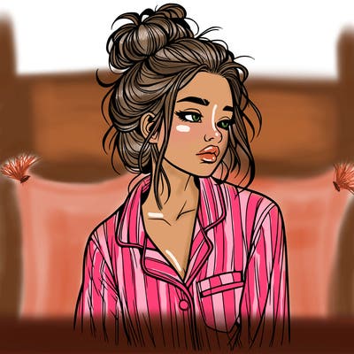 realistic woman with pajamas on and a messy bun