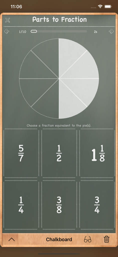 MathBoard Fractions app showing a visual pie chart activity for identifying equivalent fractions on a chalkboard interface