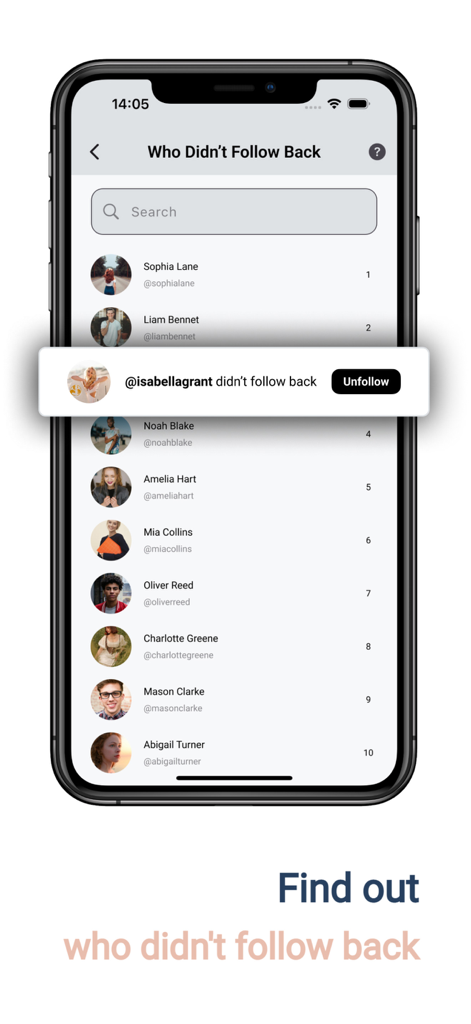 InstaFollow Followers Reports - Mobile app interface showing a list of people who did not follow back with an option to unfollow them