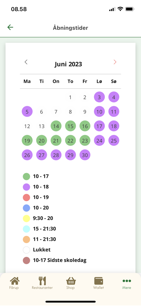 Fårup Sommerland - Mobile app screen showing a calendar with color-coded opening hours for Farup Sommerland amusement park in June