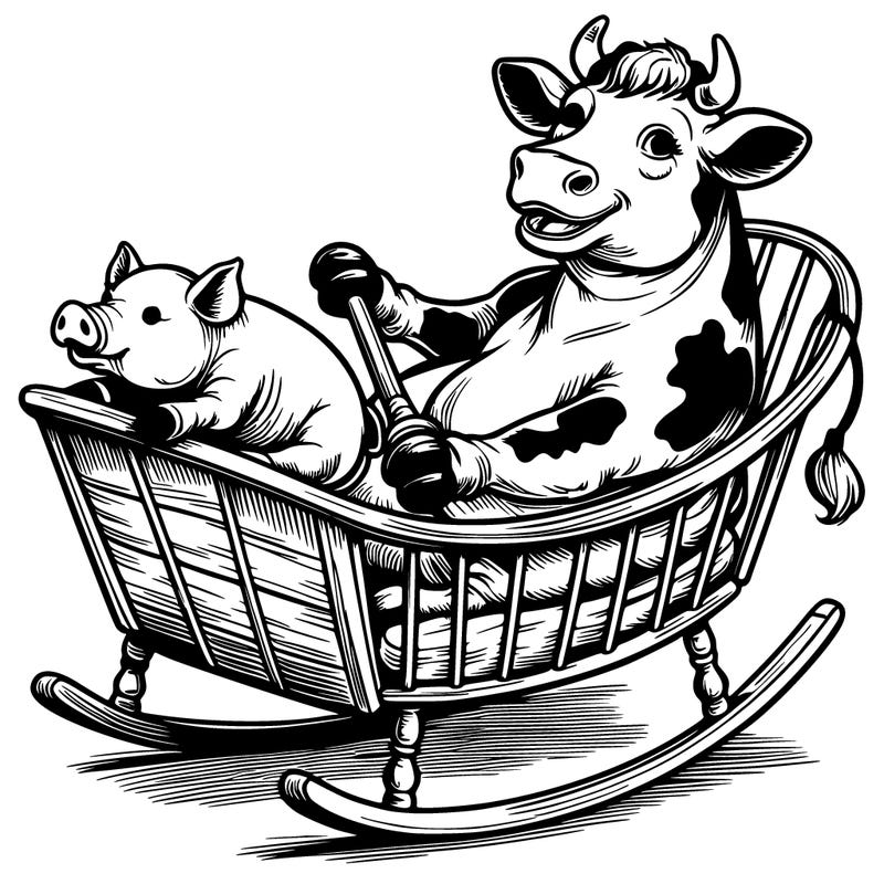 realistic cow rocking a pig in a cradle