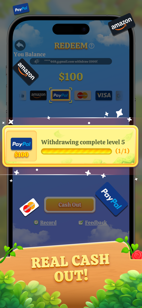 Frenzy Screw Puzzle game screen showing real cash out rewards and redeem options for PayPal and Amazon