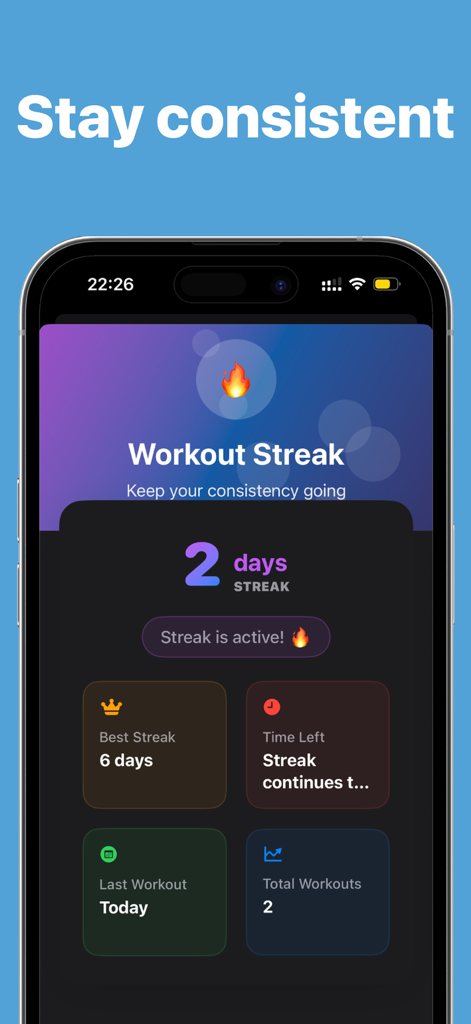 Workout streak tracking interface for the Japanese Walking Method app showing a two day walking streak