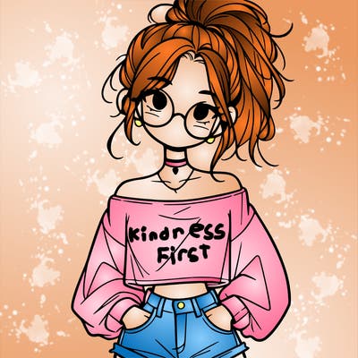 girl with a messy ponytail glasses a baggy crop top and jean shorts