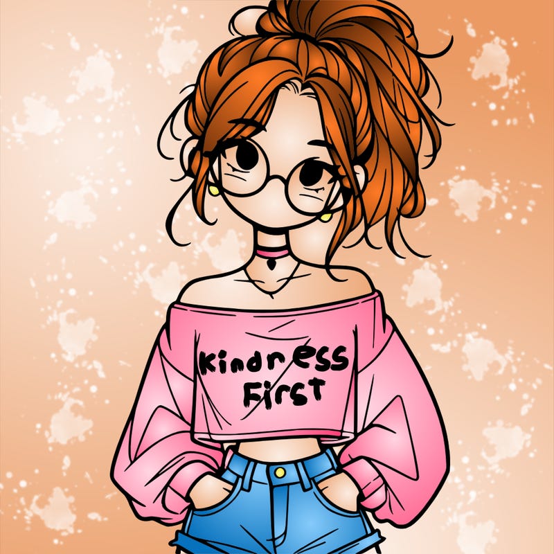 girl with a messy ponytail glasses a baggy crop top and jean shorts