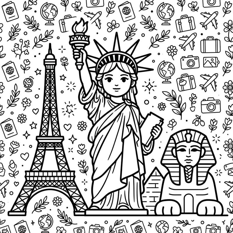 Take your young artist on a global adventure with this engaging cultural icon statues coloring page. Featuring instantly recognizable landmarks like the Statue of Liberty, Eiffel Tower, and Sphinx, it's perfect for sparking curiosity about the world.