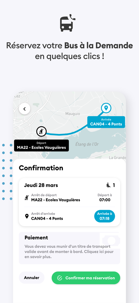 Transp'Or & Mobilités - Booking confirmation screen for the Bus on Demand service in the Transp'Or and Mobilites app