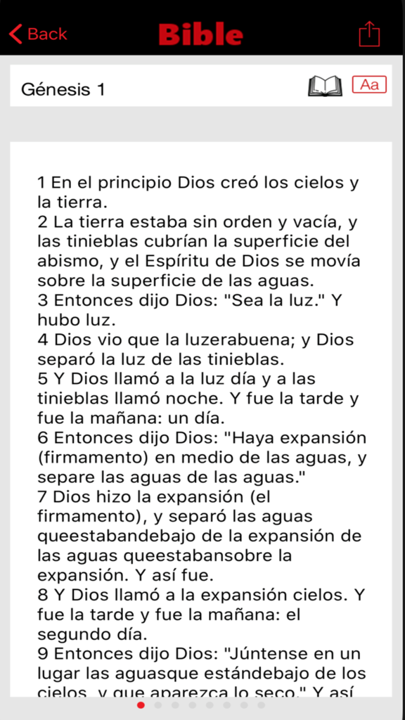 Nueva Biblia Latinoamericana - Nueva Biblia Latinoamericana app displaying Genesis chapter 1 text in Spanish