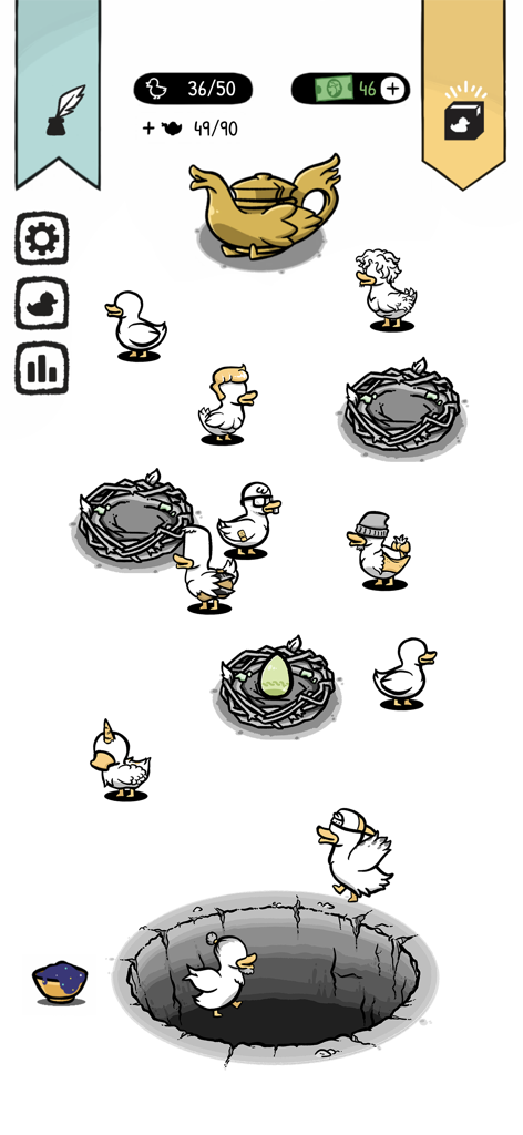 Mutated ducks walking around nests and a dark hole in Clusterduck